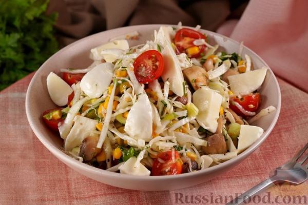 Овощной салат с грибами, кукурузой, оливками и моцареллой